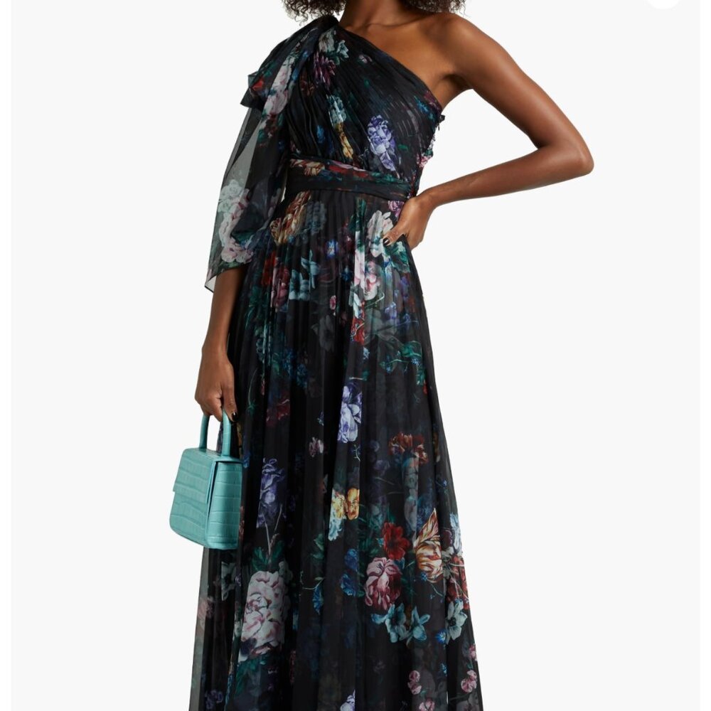 Marchesa Notte One-Shoulder Pleated Black Floral-Print Chiffon Gown Women's 10